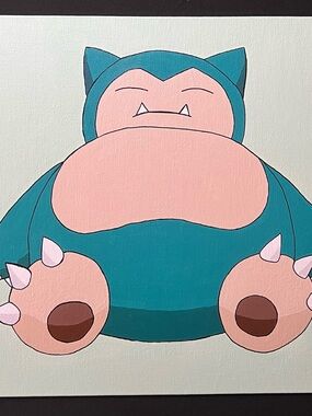 Hand Painted Snorlax Pop Art Canvas - Teal & Blush Illustration